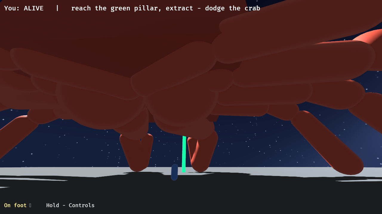 Giant Crab Rescue, under the new night: the crab a mountain overhead, the extraction pillar glowing green, the named stars behind it all.